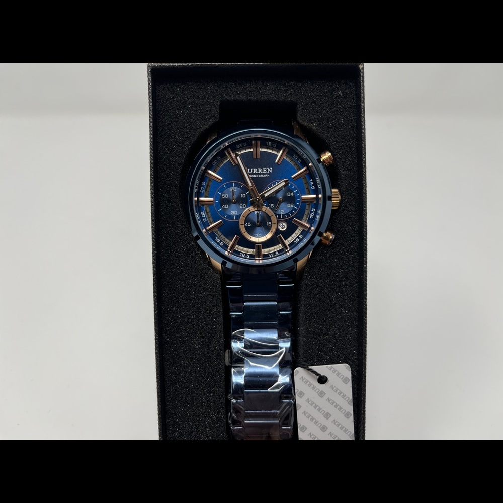 Mens blue rose gold watch stainless steel chronograph waterproof